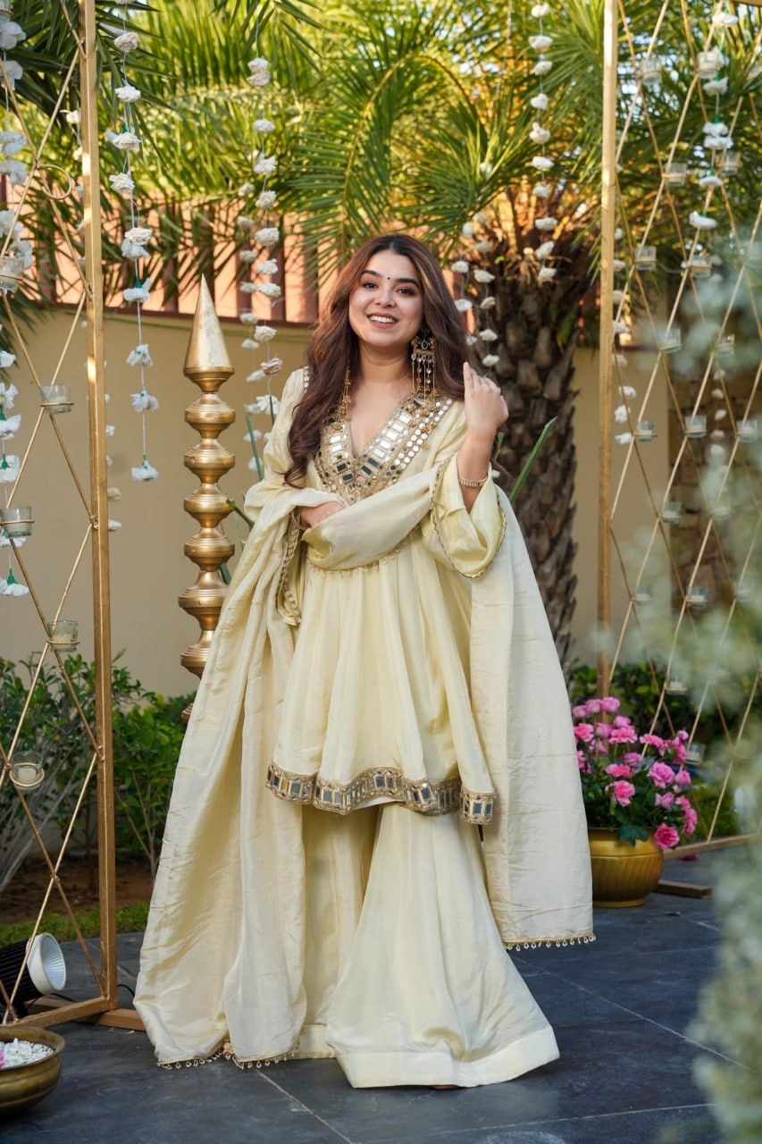 Cream Palazzo Pair With Real Mirror And Embroidery Work For Women