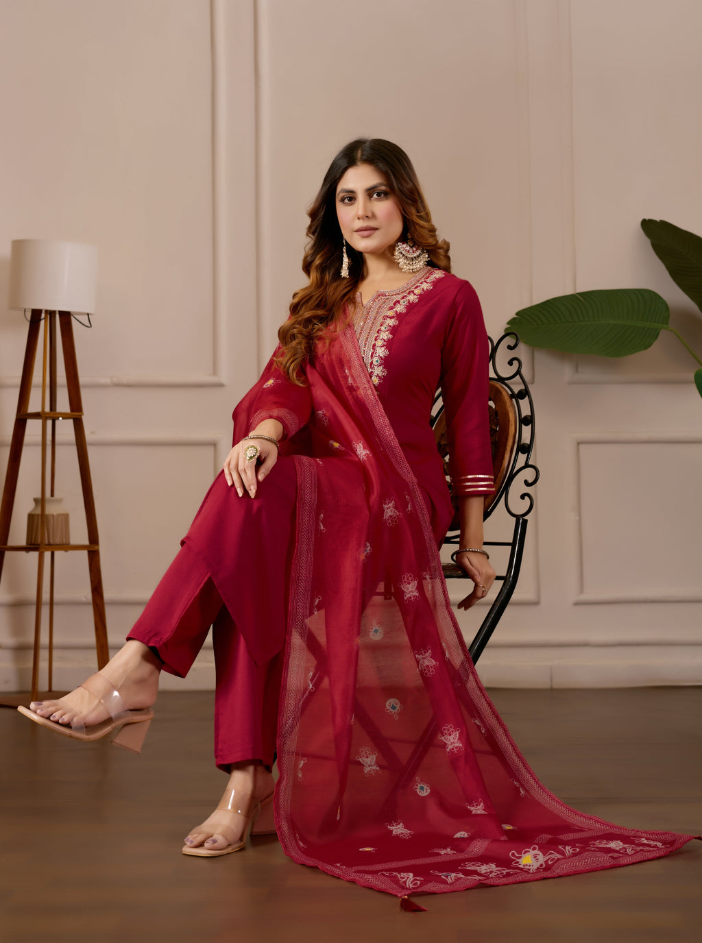 Red Embroidered Straight Kurta with Trousers & Dupatta