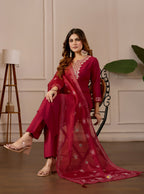 Red Embroidered Straight Kurta with Trousers & Dupatta