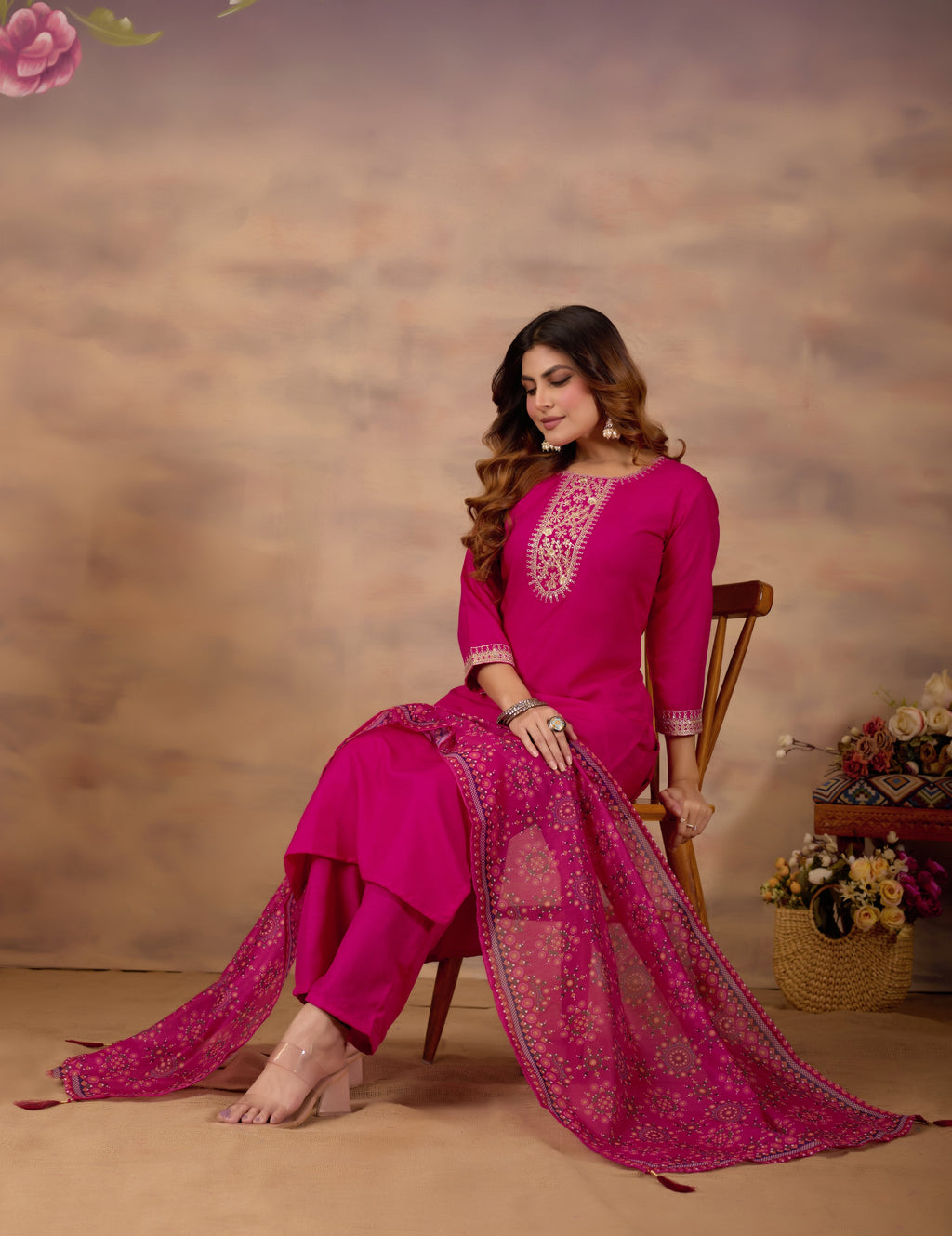 Women Ethnic Embroidered Thread Work Kurta with Trousers & Dupatta.