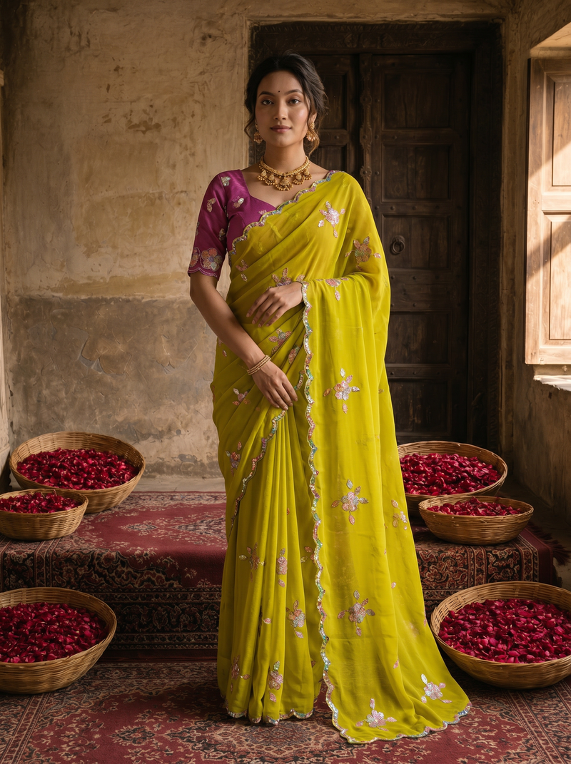 Lime Yellow Georgette Embroidered Saree with Floral Sequin Work & Contrast Magenta Blouse