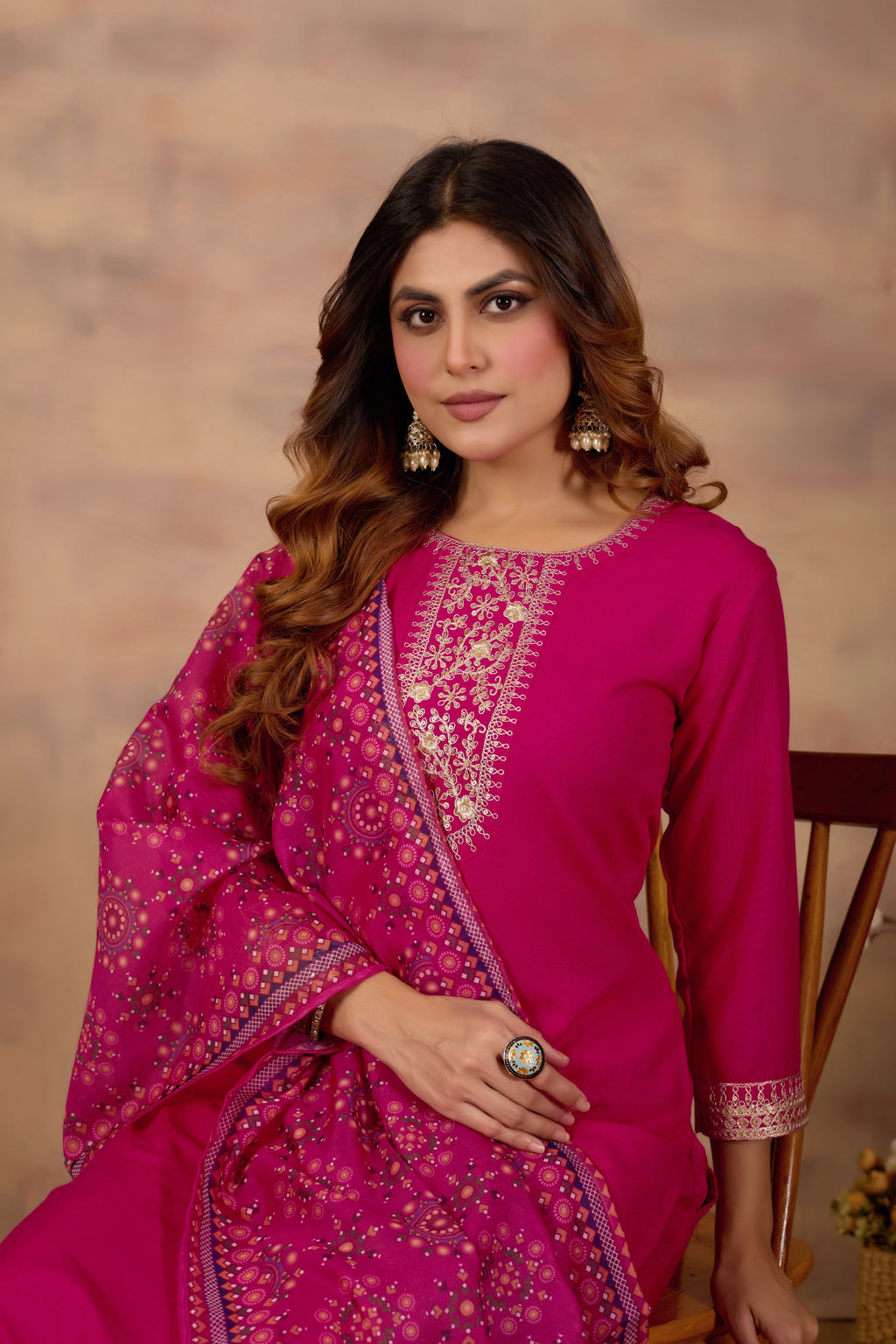 Women Ethnic Embroidered Thread Work Kurta with Trousers & Dupatta.