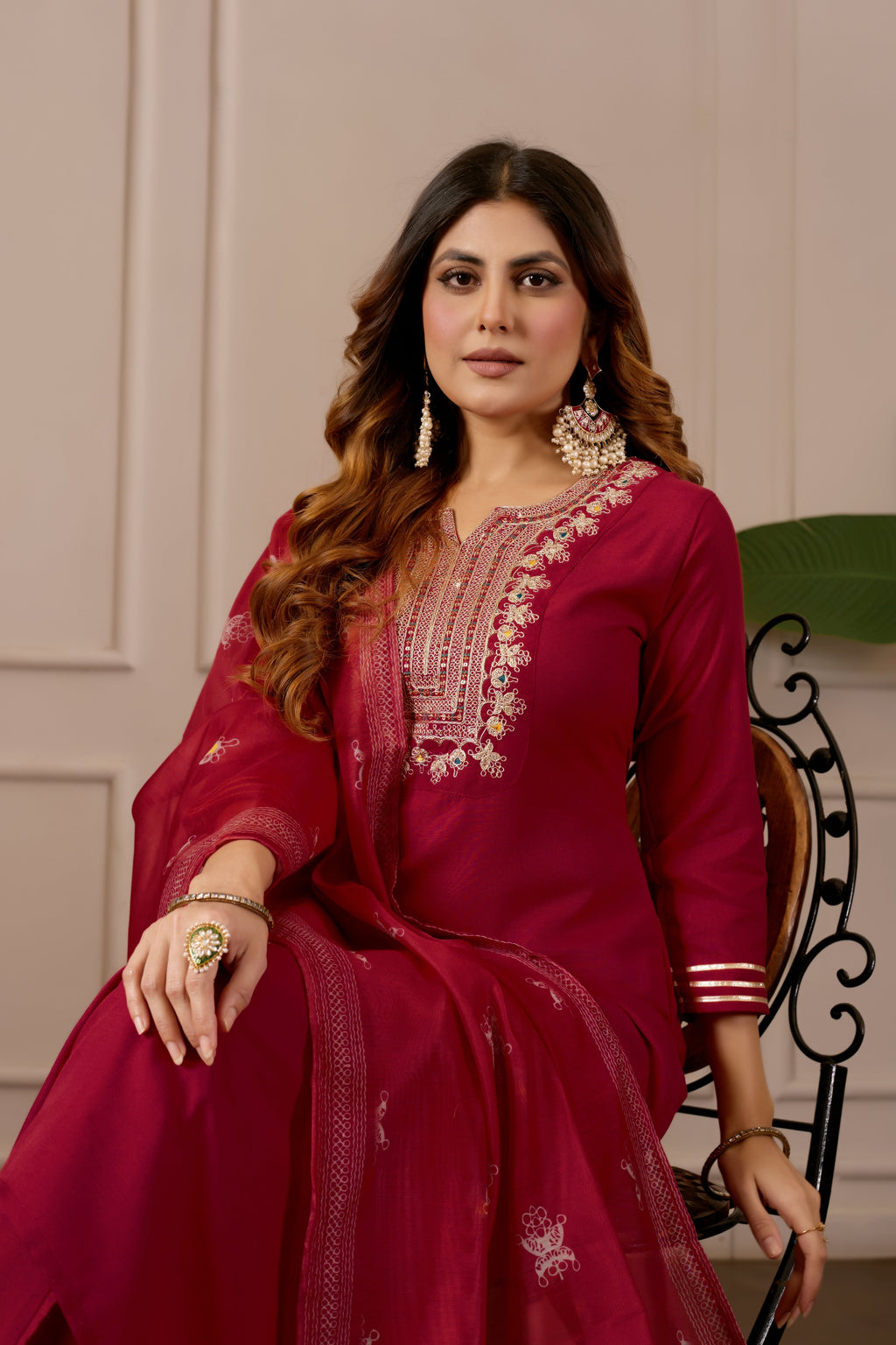 Red Embroidered Straight Kurta with Trousers & Dupatta