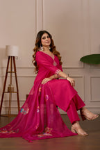 Women Embroidered Regular Pure Cotton Kurti with Pyjamas With Dupatta