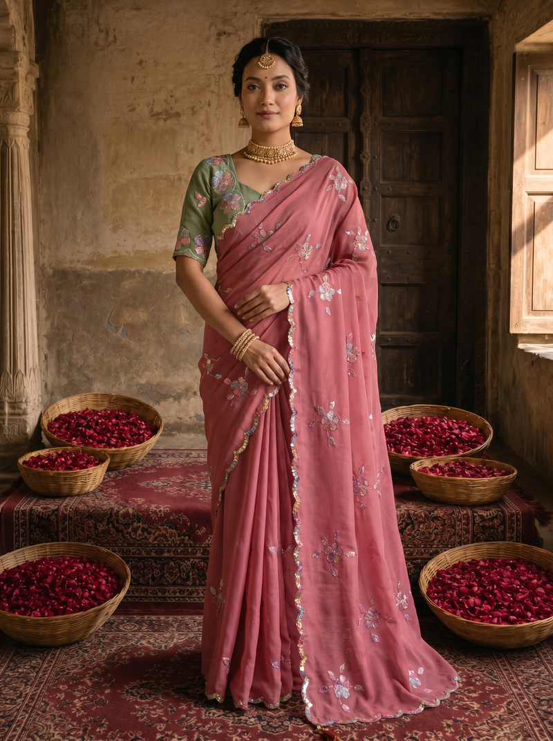 Dusty Rose Pink Georgette Embroidered Saree with Floral Sequin Work & Contrast Designer Blouse