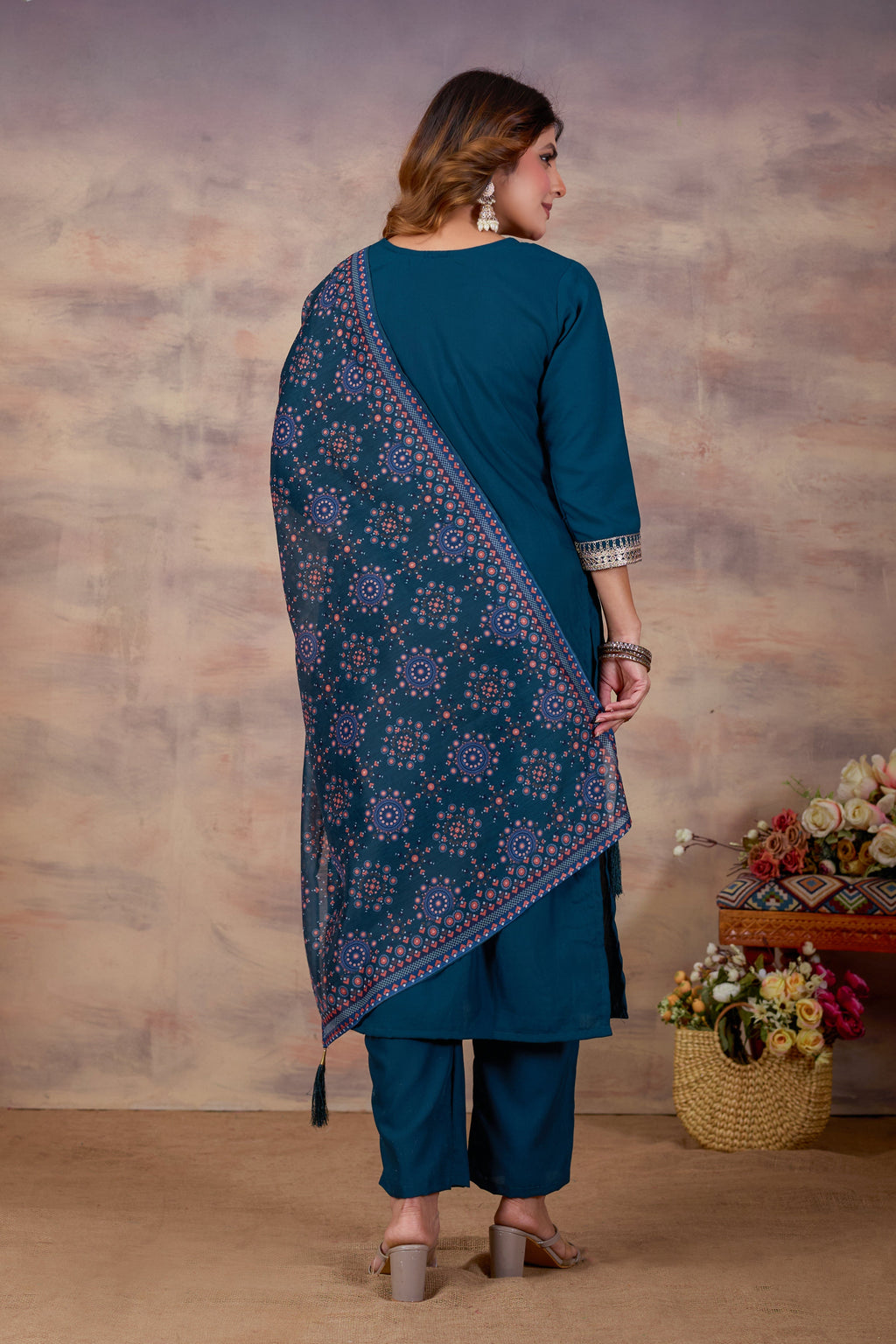 Women Ethnic Embroidered Thread Work Kurta with Trousers & Dupatta.