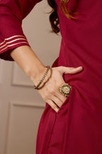 Red Embroidered Straight Kurta with Trousers & Dupatta