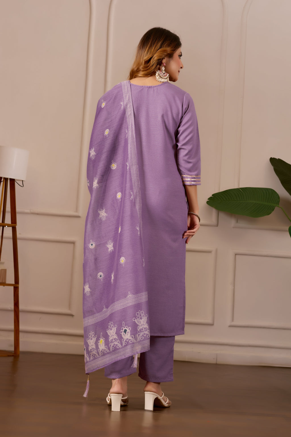 Lavender Embroidered Straight Kurta with Trousers & Dupatta