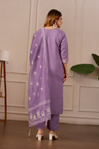 Lavender Embroidered Straight Kurta with Trousers & Dupatta