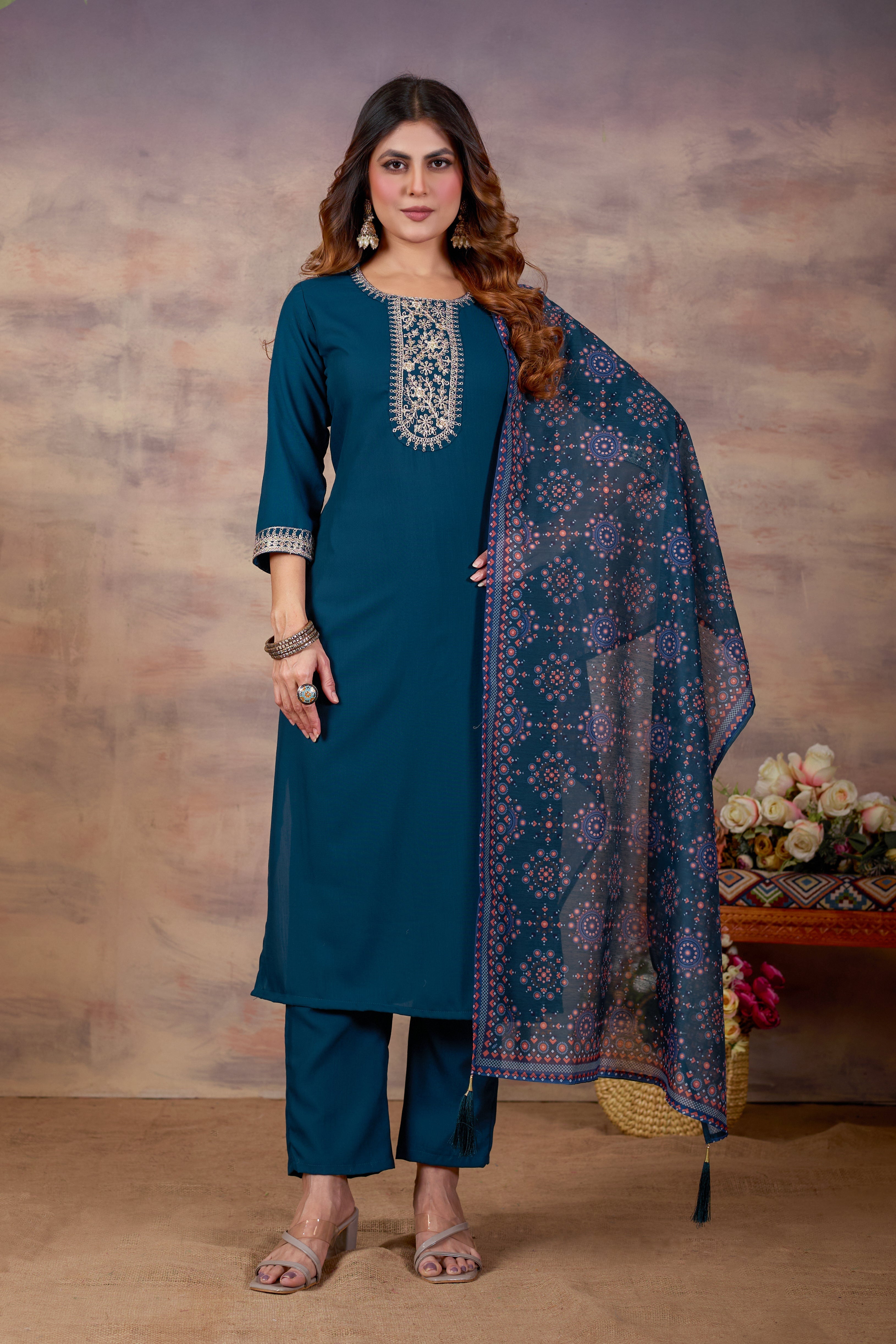 Women Ethnic Embroidered Thread Work Kurta with Trousers & Dupatta.