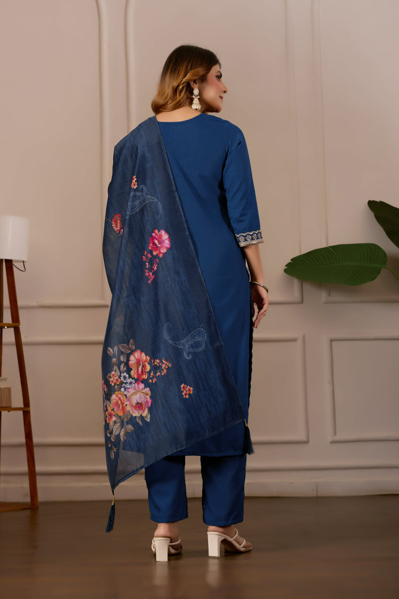 Women Embroidered Regular Pure Cotton Kurti with Pyjamas With Dupatta