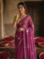 Magenta Purple Georgette Embroidered Saree with Floral Sequin Work & Contrast Lime Green Blouse