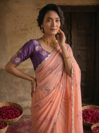 Peach Pink Georgette Embroidered Saree with Floral Sequin Work & Contrast Purple Blouse