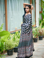 Midnight Black Pure Modal Silk Saree with Ajrakh Inspired Floral Print & Heritage Designer Pall