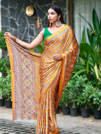 Mustard Gold Pure Modal Silk Saree with Ajrakh Inspired Floral Print & Heritage Designer Pallu