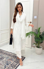 Premium White Maslin Embroidered Kurti Set with Palazzo & Dupatta