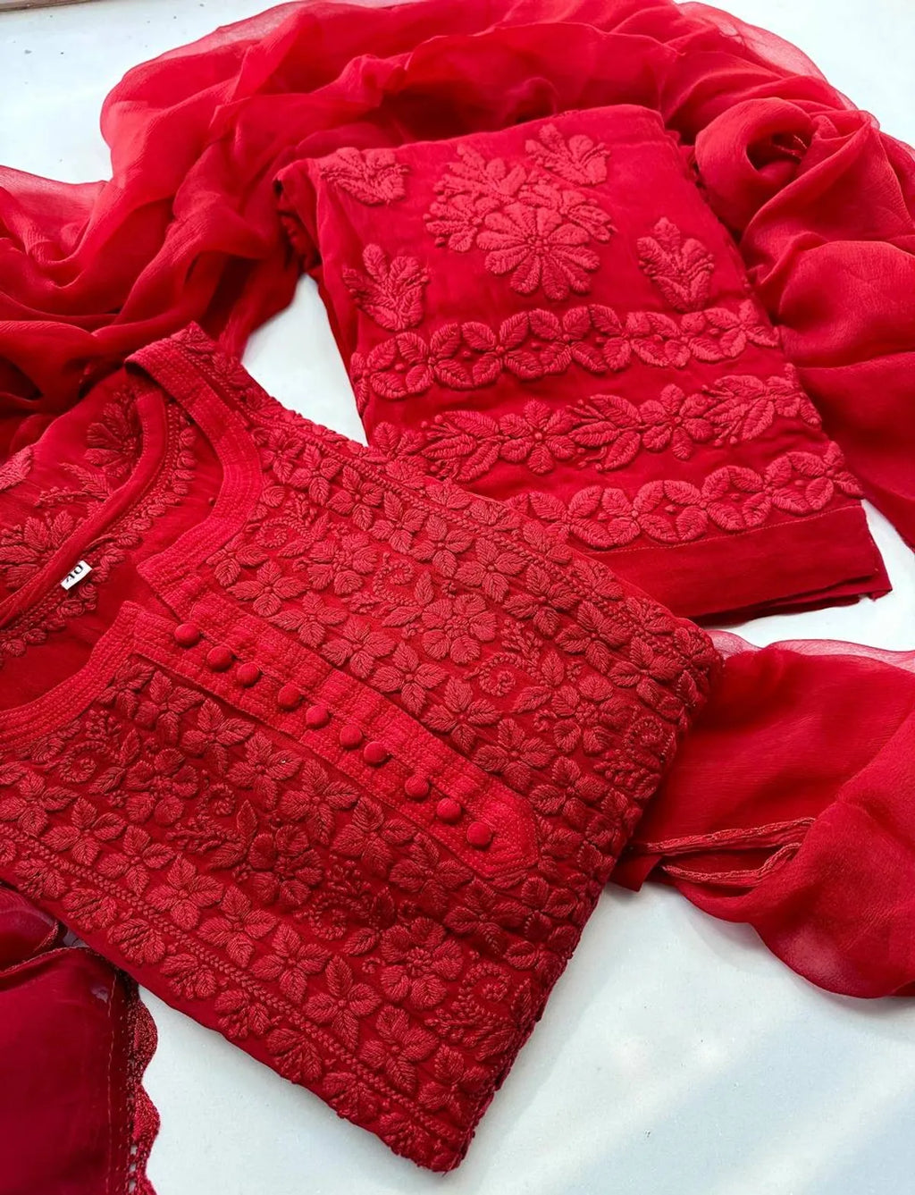 Red Chikankari Kurti Set With Dupatta For Women