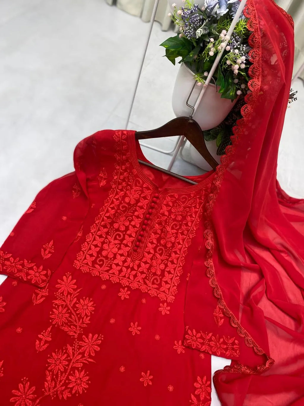 Red Chikankari Kurti Set With Dupatta For Women