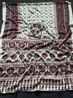Ivory Modal Silk Ajrakh Printed Saree with Traditional Floral Motifs, Heritage Border & Tassel Detailing
