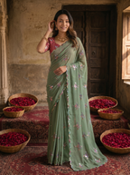 Sage Green Georgette Embroidered Saree with Floral Sequin Work & Designer Blouse
