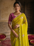 Lime Yellow Georgette Embroidered Saree with Floral Sequin Work & Contrast Magenta Blouse