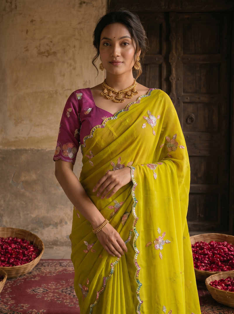 Lime Yellow Georgette Embroidered Saree with Floral Sequin Work & Contrast Magenta Blouse