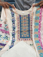Cream Pure Lilac Silk Printed & Real Mirror With Embroidery Work Suit Set