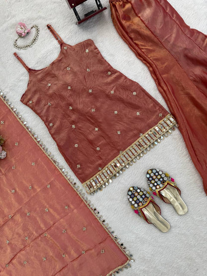 Designer Mirror Work Kurta Palazzo Set for Women – Fendy Silk Party Wear Suit with Dupatta | Wedding, Sangeet