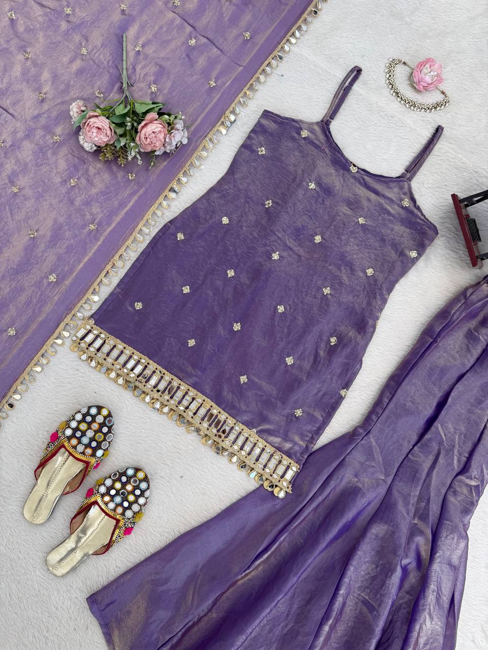 Designer Mirror Work Kurta Palazzo Set for Women – Fendy Silk Party Wear Suit with Dupatta | Wedding, Sangeet