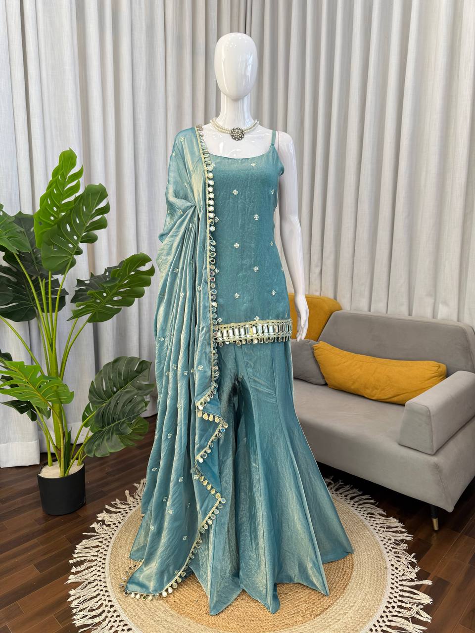 Designer Mirror Work Kurta Palazzo Set for Women – Fendy Silk Party Wear Suit with Dupatta | Wedding, Sangeet