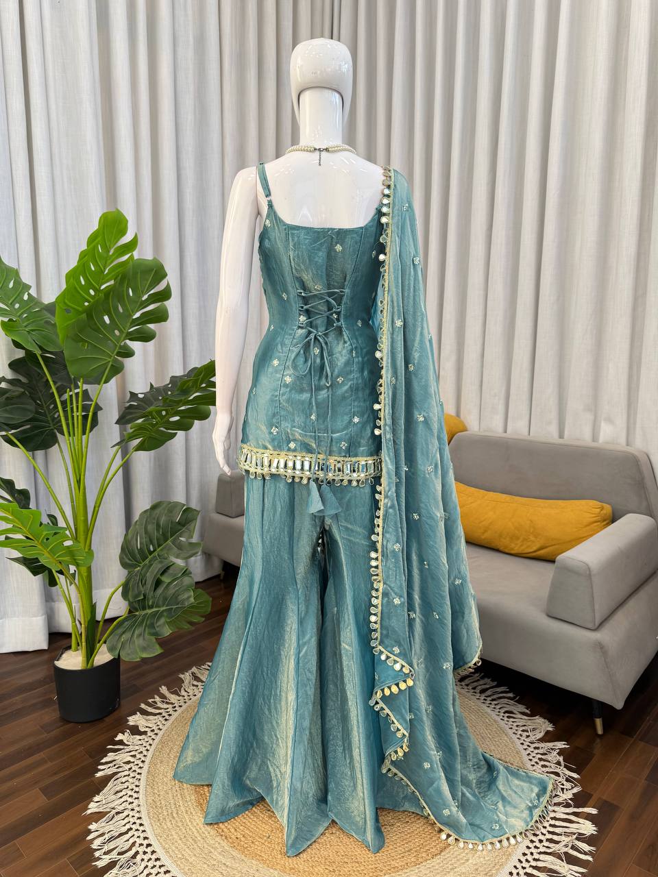 Designer Mirror Work Kurta Palazzo Set for Women – Fendy Silk Party Wear Suit with Dupatta | Wedding, Sangeet