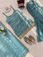 Designer Mirror Work Kurta Palazzo Set for Women – Fendy Silk Party Wear Suit with Dupatta | Wedding, Sangeet
